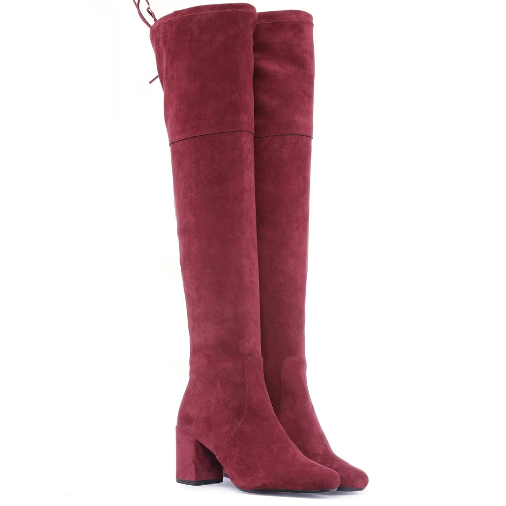 Maroon stretch suede thigh high boots for women UK, pair view showing drawstring cuff