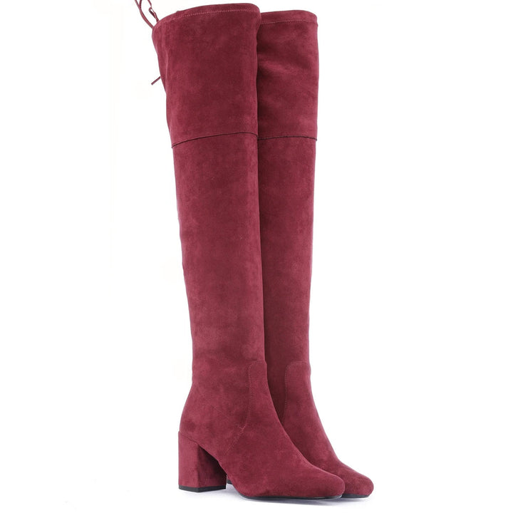 Maroon stretch suede thigh high boots for women UK, pair view showing drawstring cuff