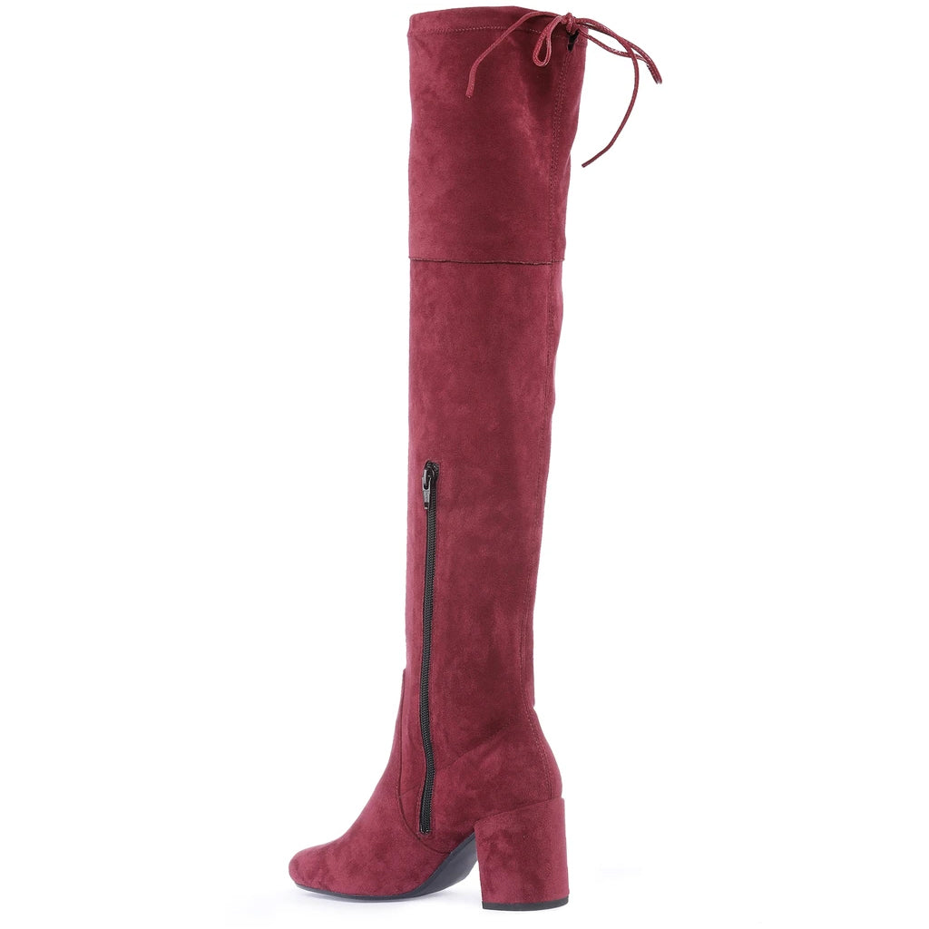 Saint Luisa maroon suede boots UK, alternate side view showing zip closure