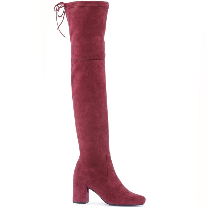 Saint Luisa maroon stretch suede thigh high boots for women UK, side view of block heel