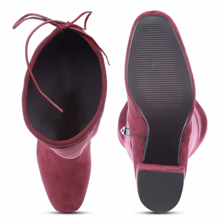 Saint Luisa maroon stretch suede boots UK, interior and sole view
