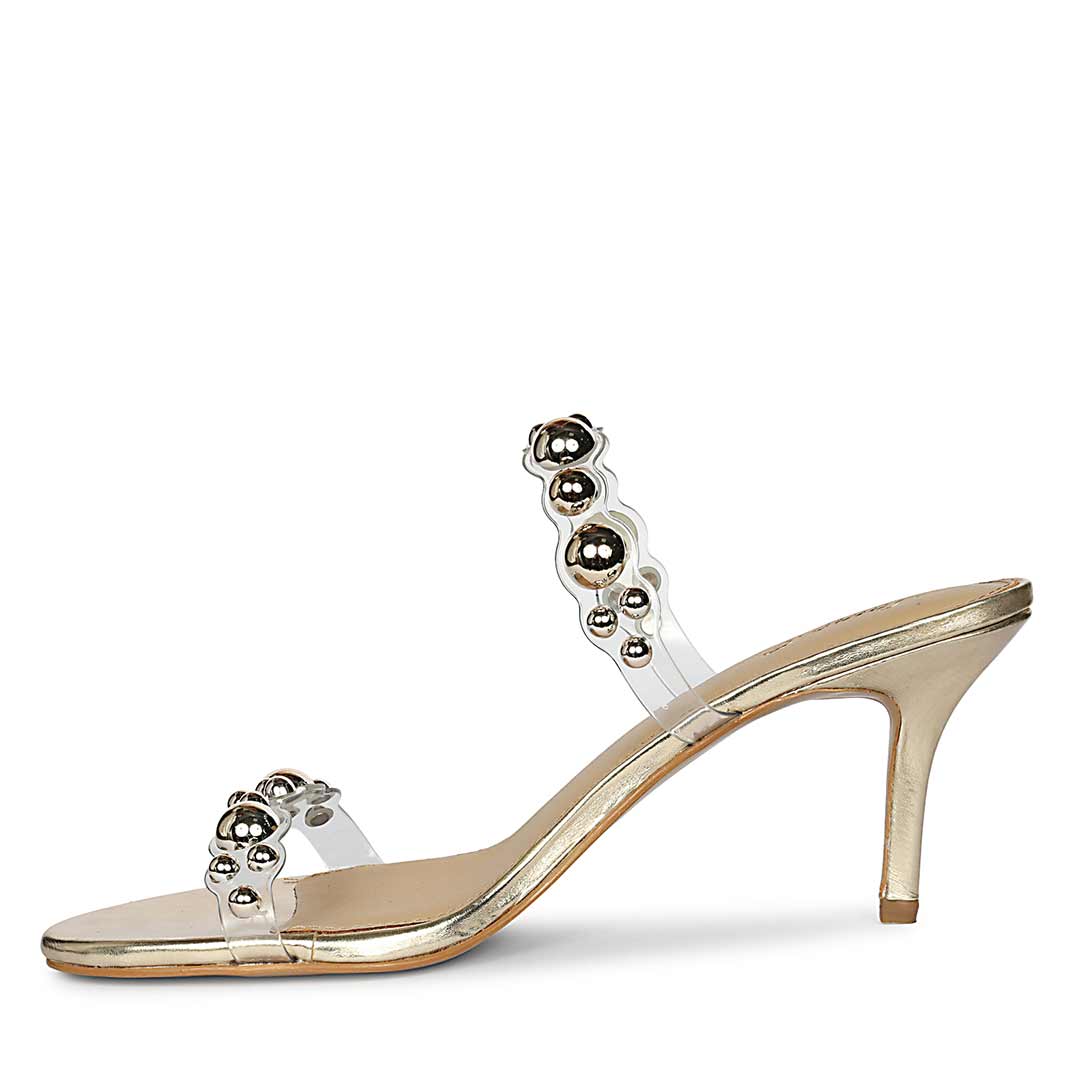 Saint Lumi Studded Gold Stiletto Heels, angled view