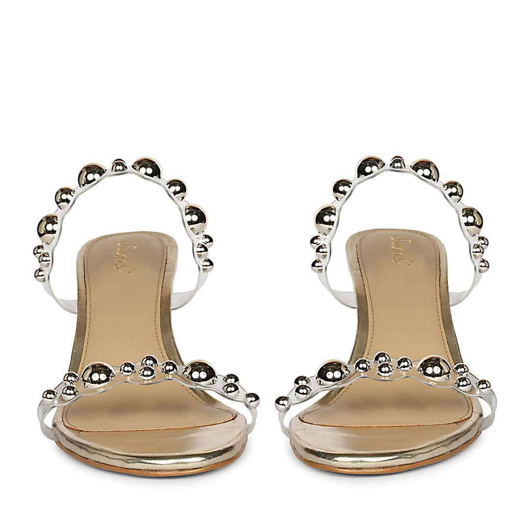 Saint Lumi Studded Gold Stiletto Heels, front pair view