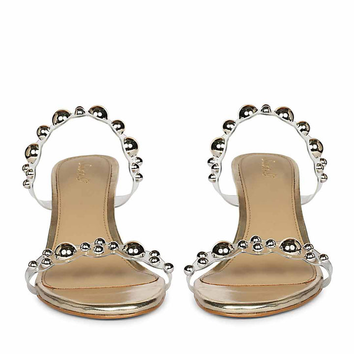 Saint Lumi Studded Gold Stiletto Heels, front pair view