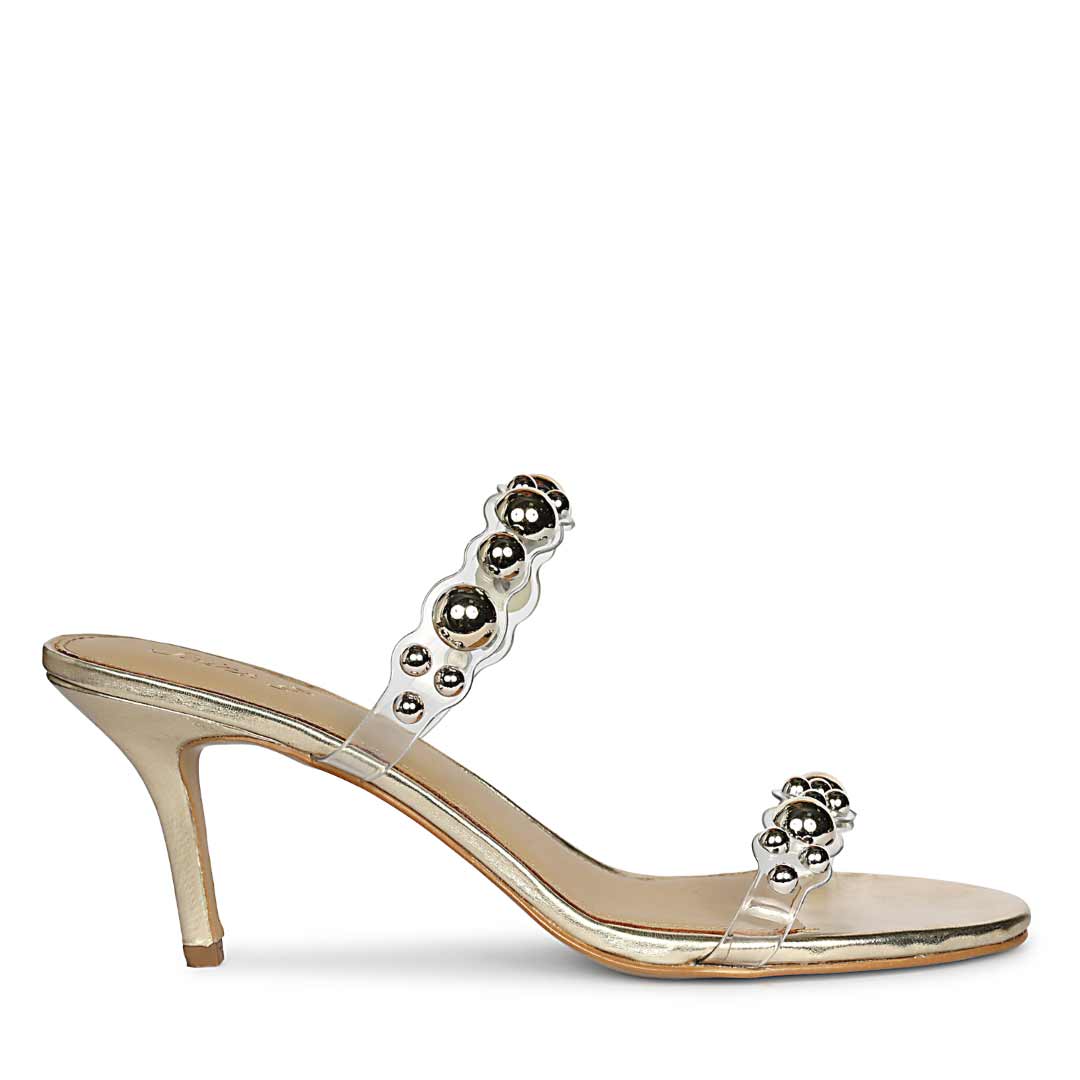 Saint Lumi Studded Gold Stiletto Heels, side view