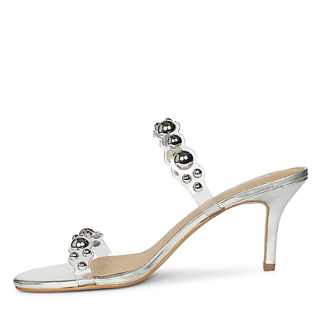 Saint Lumi Studded Silver Stiletto Heels, angled view