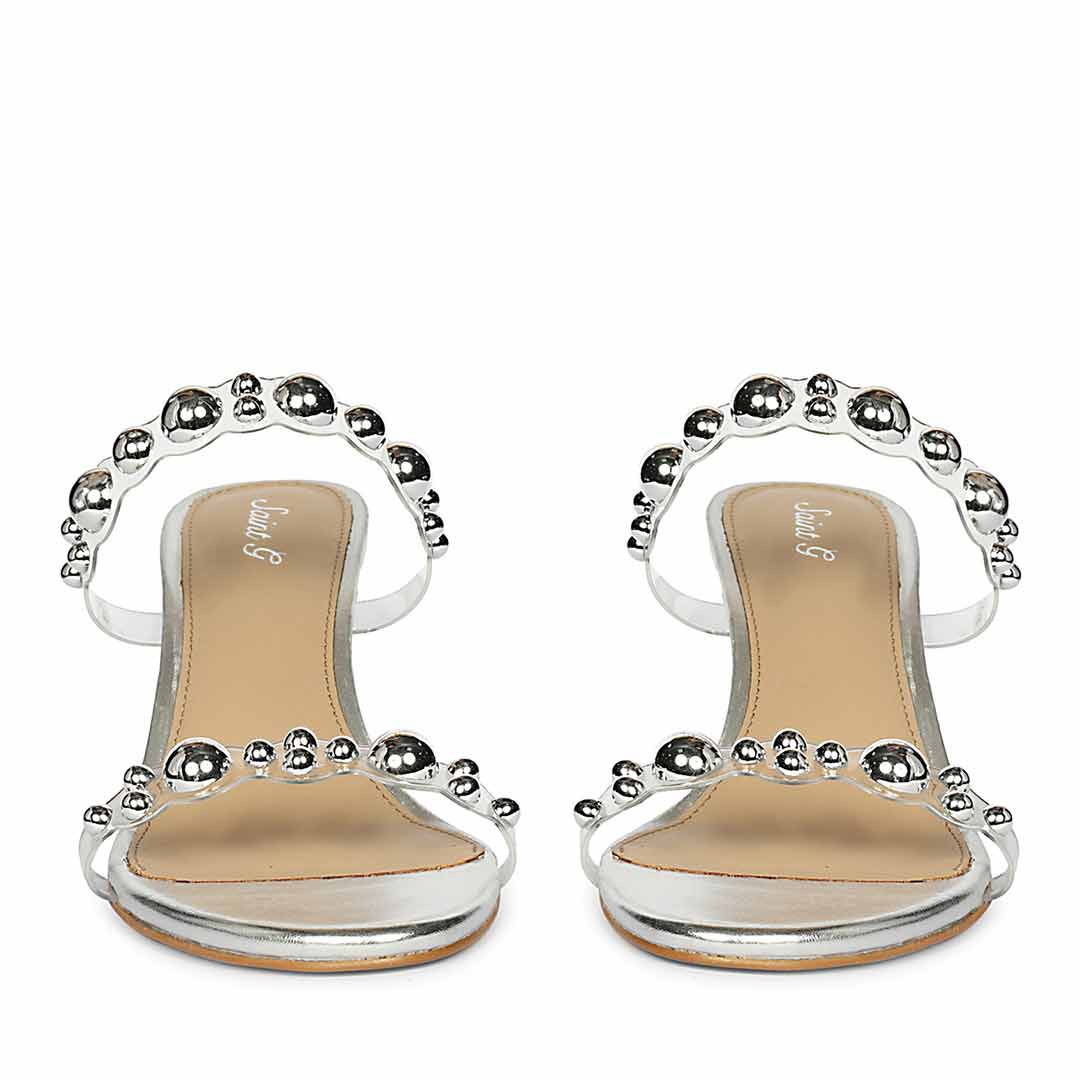 Saint Lumi Studded Silver Stiletto Heels, angled view