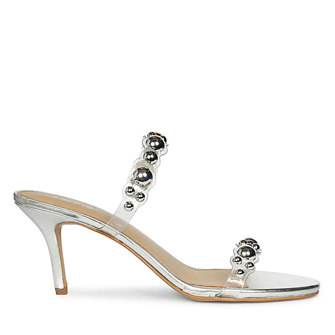 Saint Lumi Studded Silver Stiletto Heels, side view