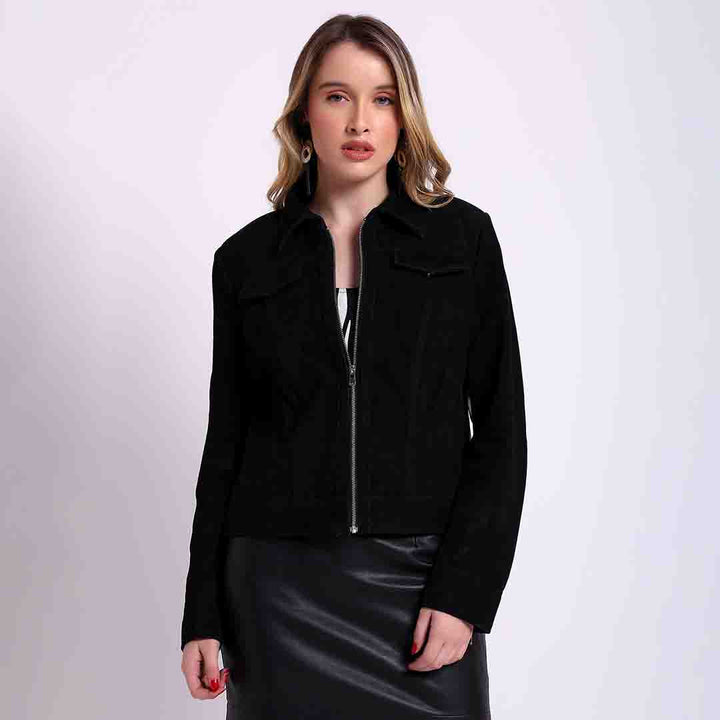 Saint Lyra black suede shirt jacket for women UK, front view with chest flap pockets