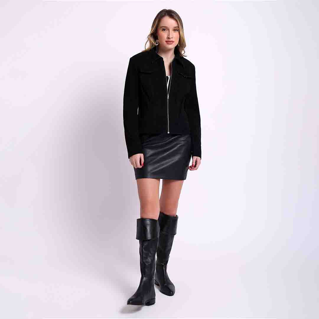 Black suede shirt jacket for women UK, styled full-length lifestyle shot