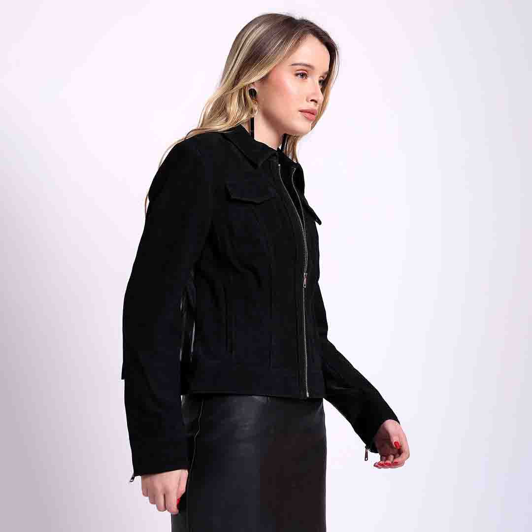 Saint Lyra black suede shirt jacket UK, side view