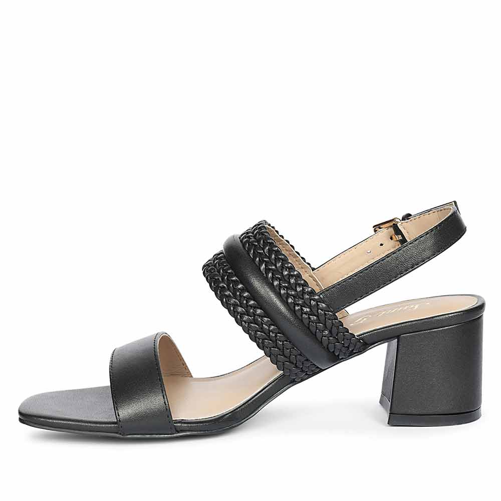 Saint Mabel black hand-woven leather low block heel sandals, angled view