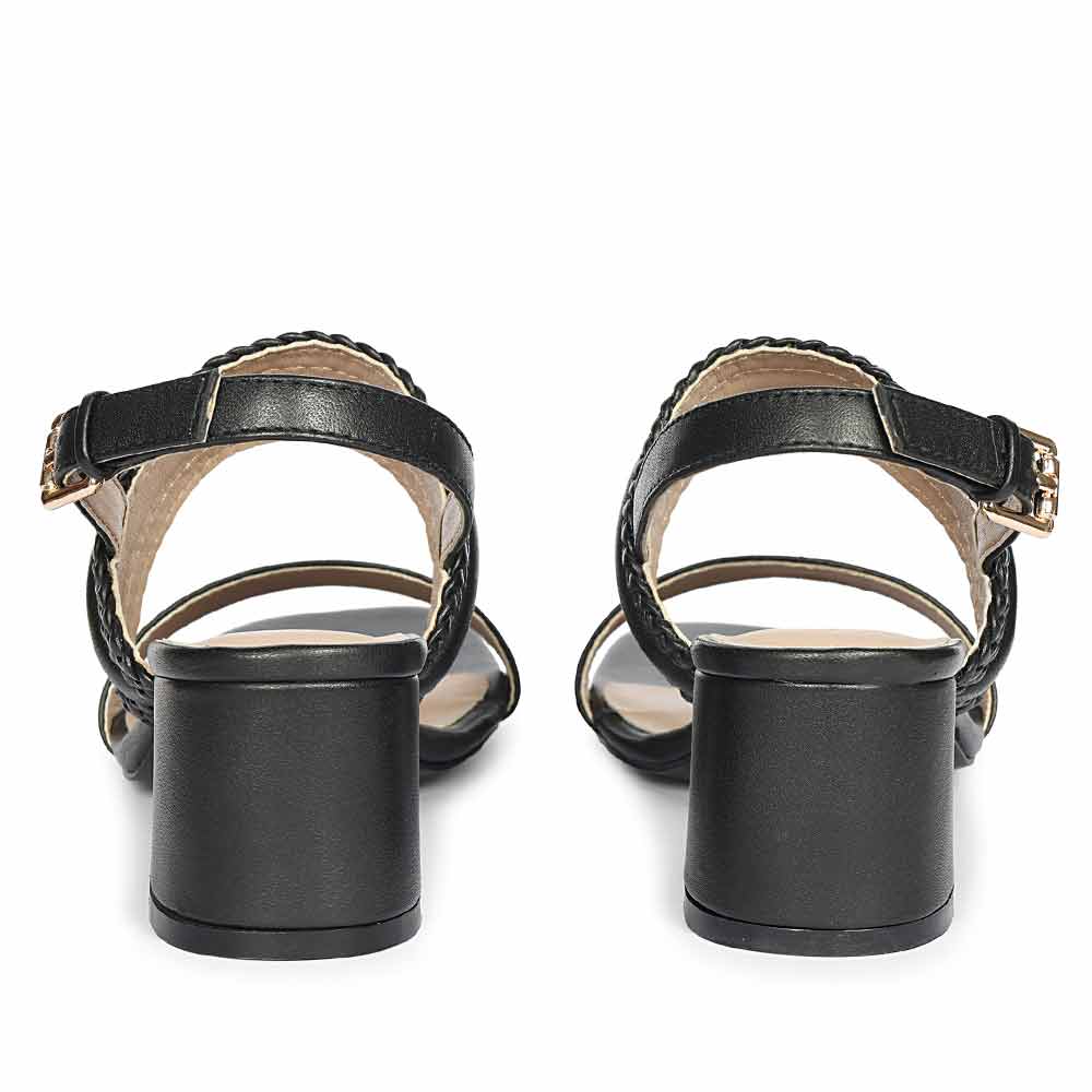 Saint Mabel black woven low block heel slingback sandals, back view with buckle