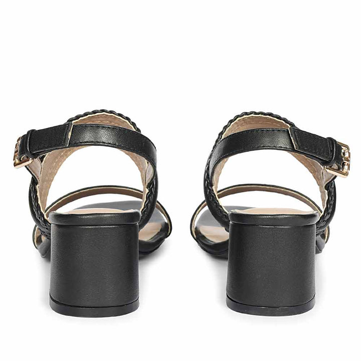 Saint Mabel black woven low block heel slingback sandals, back view with buckle