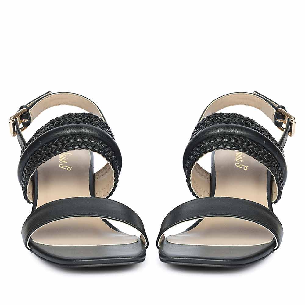 Saint Mabel black leather low block heel sandals, front view of woven straps