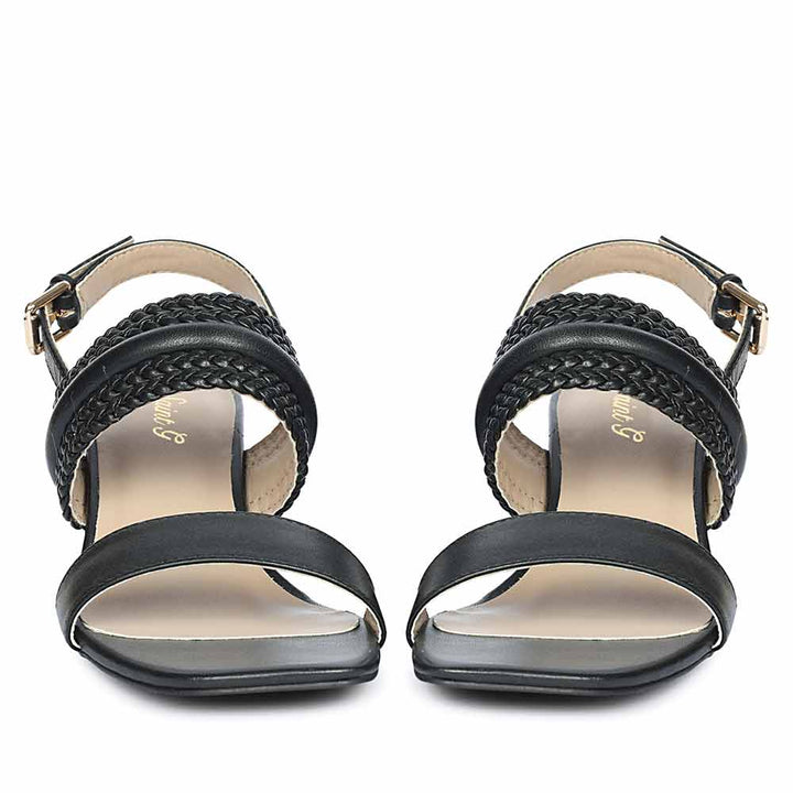 Saint Mabel black leather low block heel sandals, front view of woven straps