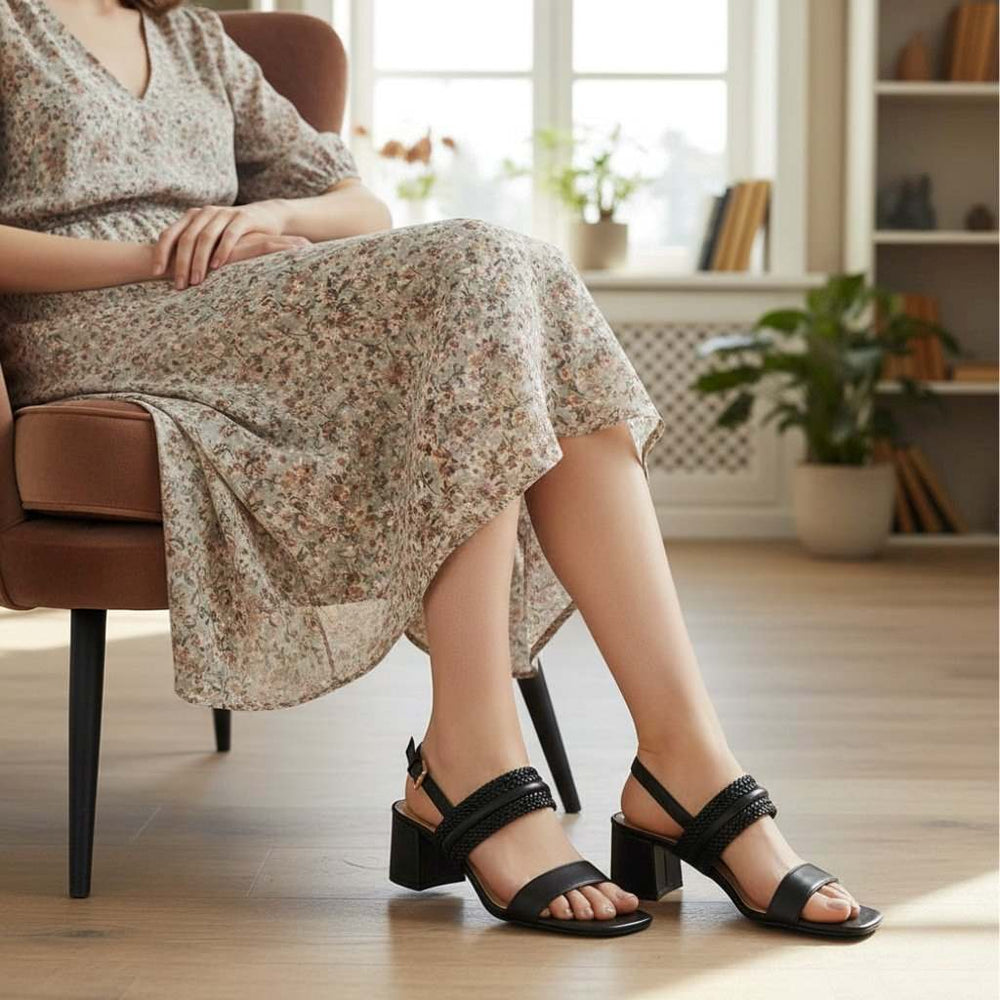 Saint Mabel black woven low block heel sandals worn, lifestyle view