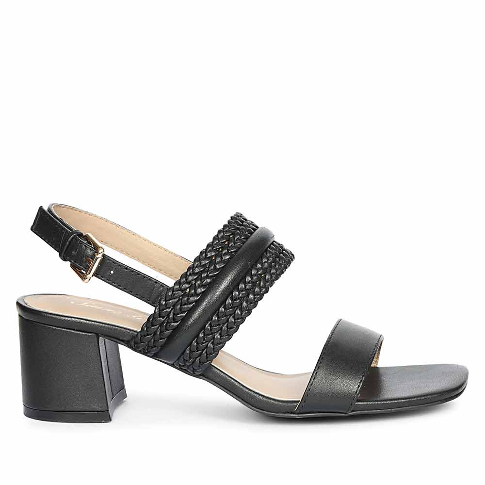 Saint Mabel black hand-woven leather low block heel slingback sandals, side view