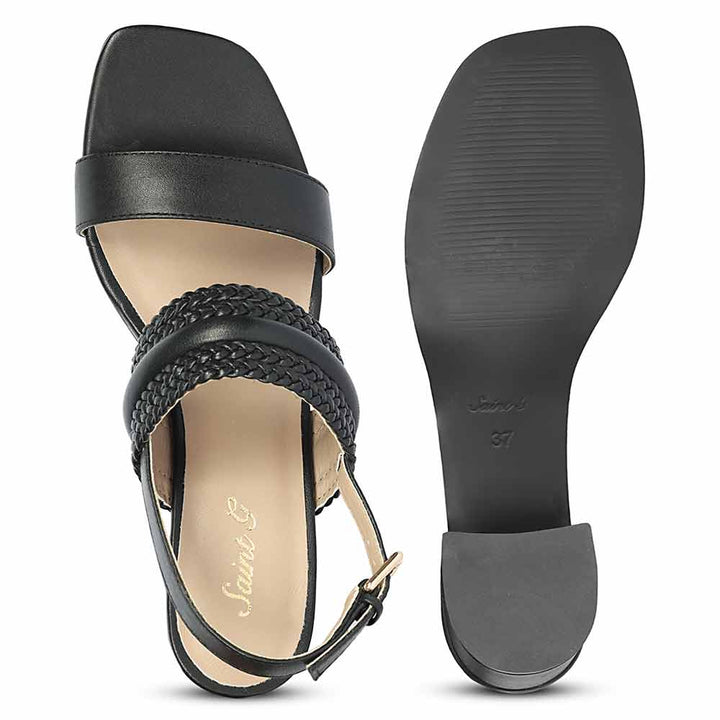 Saint Mabel black leather low block heel sandals, top-down view