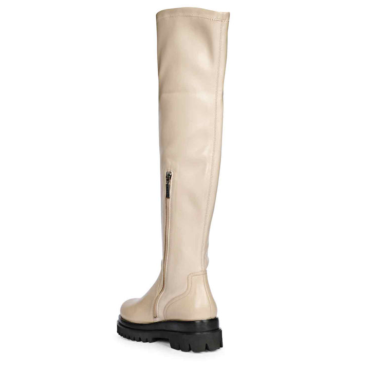 Saint Malia taupe thigh high boots, angled back view of lug sole