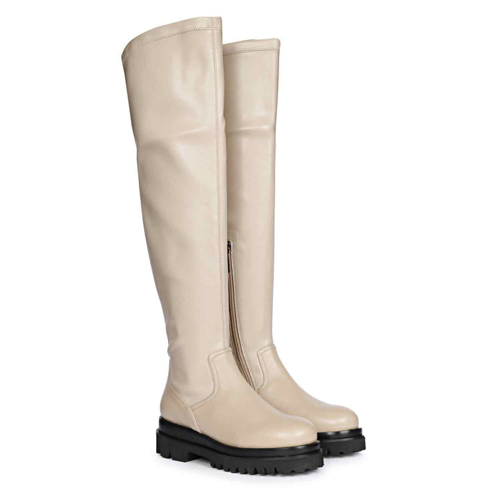 Taupe thigh high boots for women UK, pair view showing lug sole