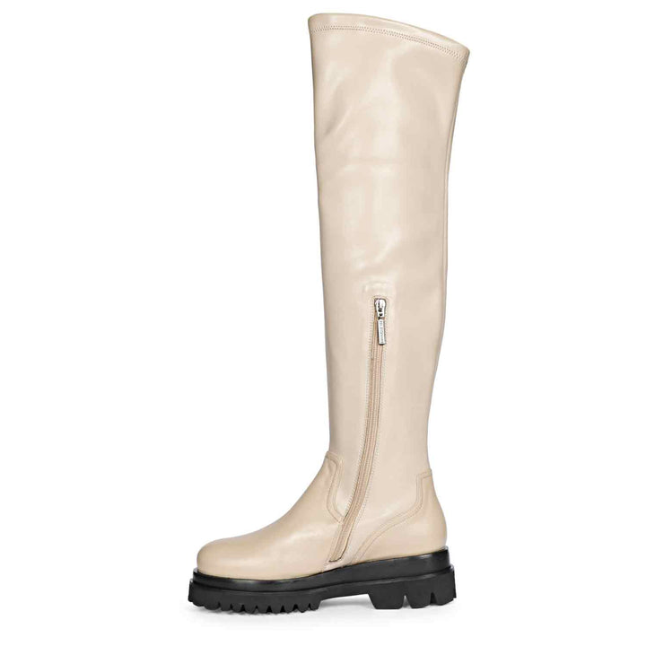 Women's taupe stretch napa thigh high boots, alternate side view showing zip