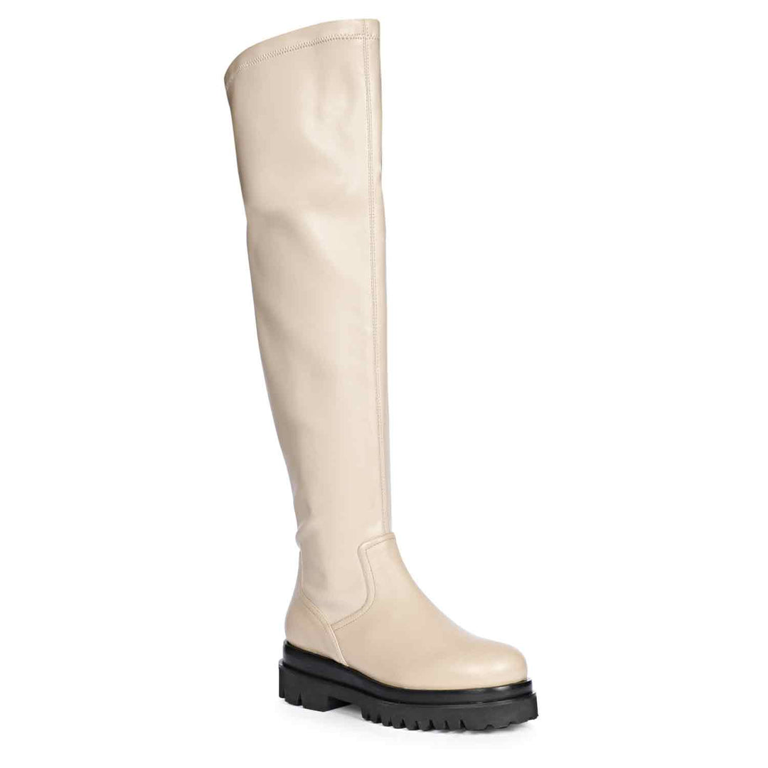 Women's taupe thigh high boots, additional side angle
