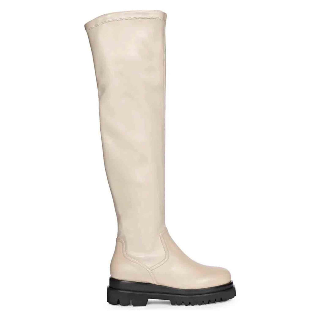 Saint Malia taupe stretch napa thigh high boots for women, side view of lug sole
