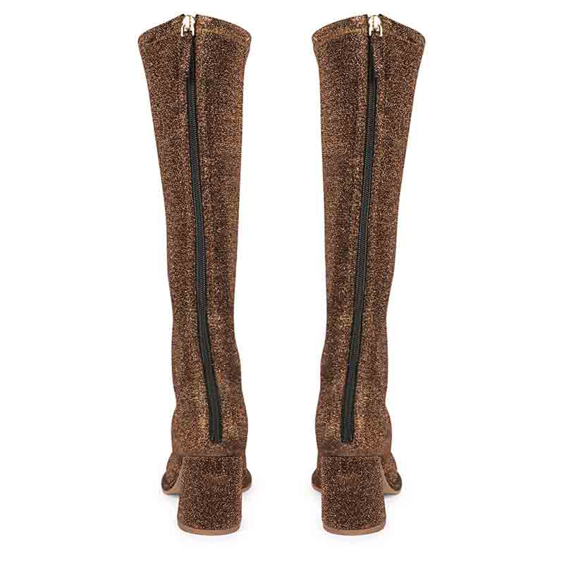 Saint Manon bronze knee high boots, back pair view showing block heel