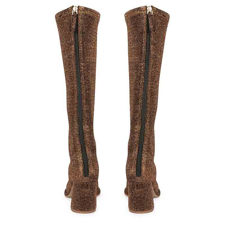 Saint Manon bronze knee high boots, back pair view showing block heel