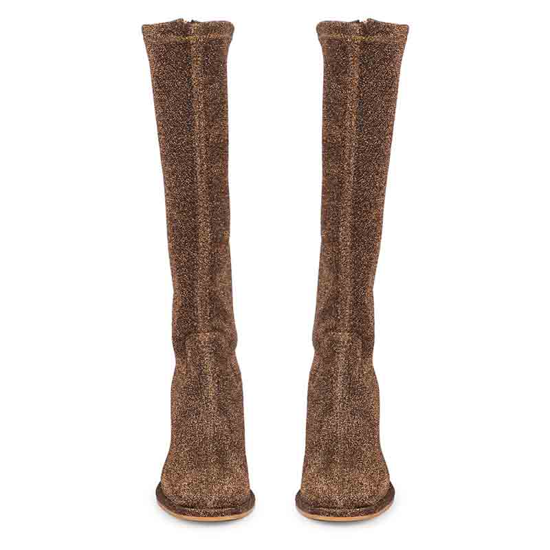 Women's block heel knee high boots in bronze, front pair view