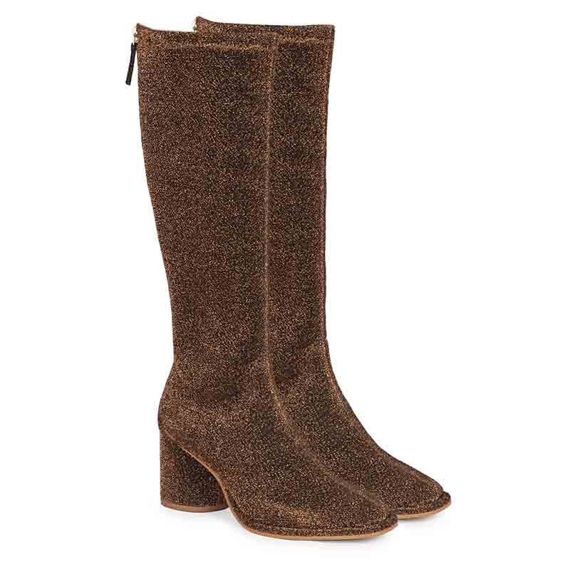 Block heel knee high boots for women UK in bronze, pair view showing chunky heel