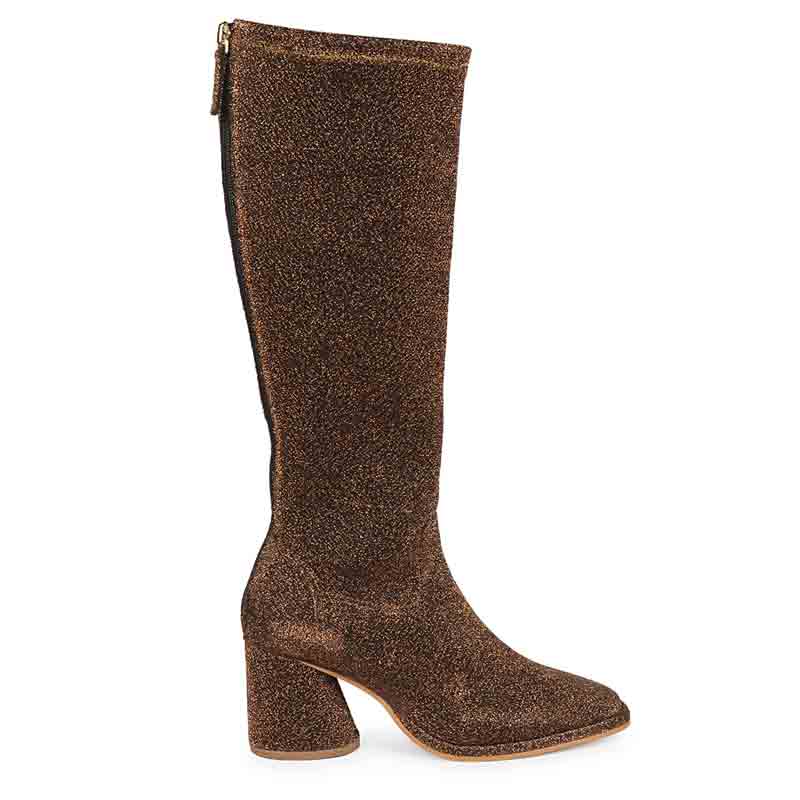 Saint Manon bronze block heel knee high boots for women, side view of sparkle finish