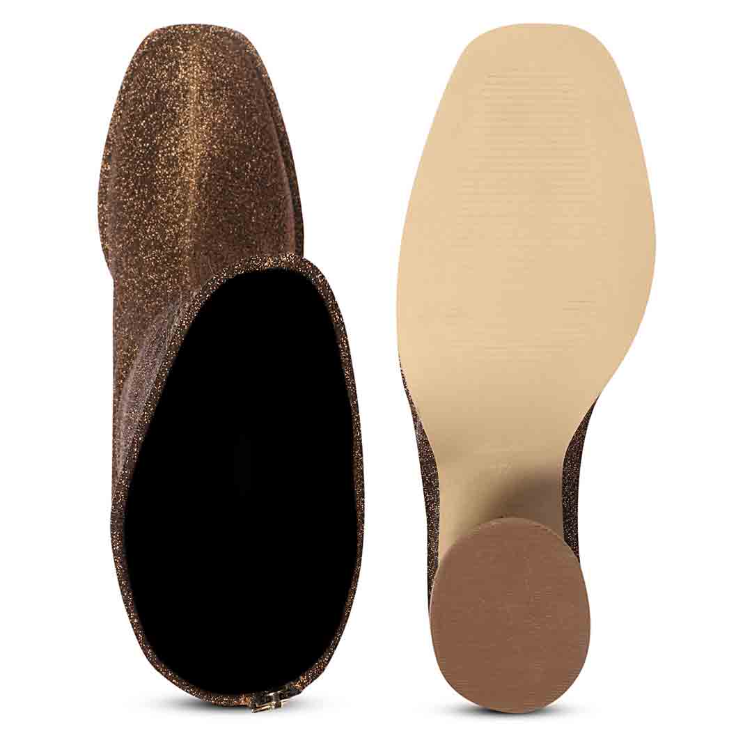 Saint Manon bronze block heel knee high boots, interior and sole view