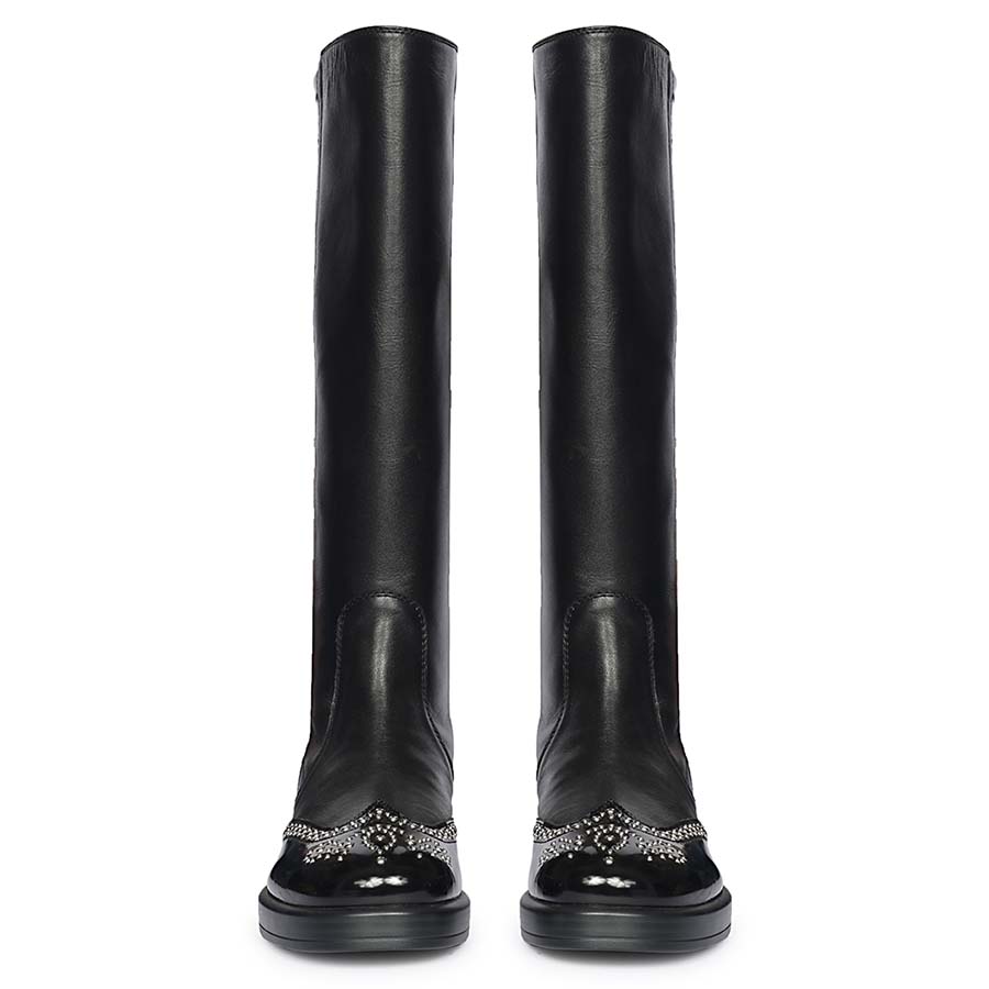 Women's black leather knee high boots, front pair view of crystal-studded toe cap
