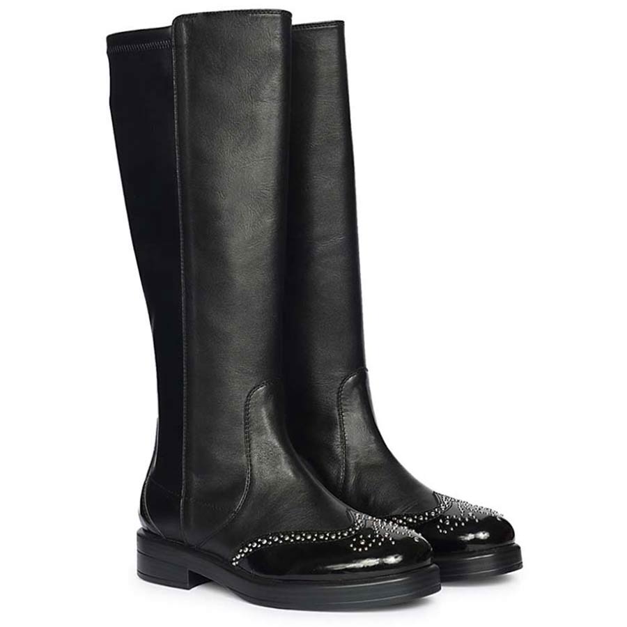 Black leather knee high boots for women UK, pair view showing studded patent toe cap