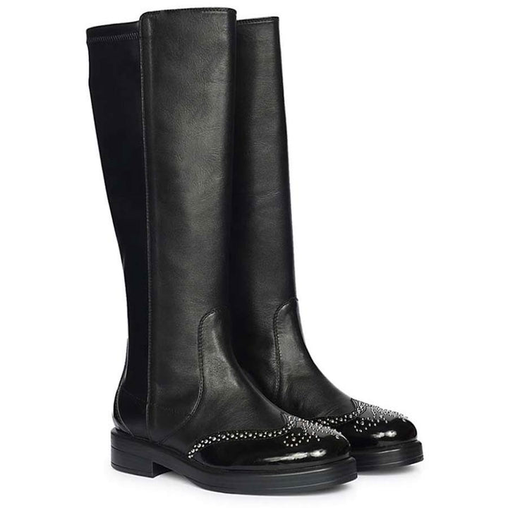 Black leather knee high boots for women UK, pair view showing studded patent toe cap