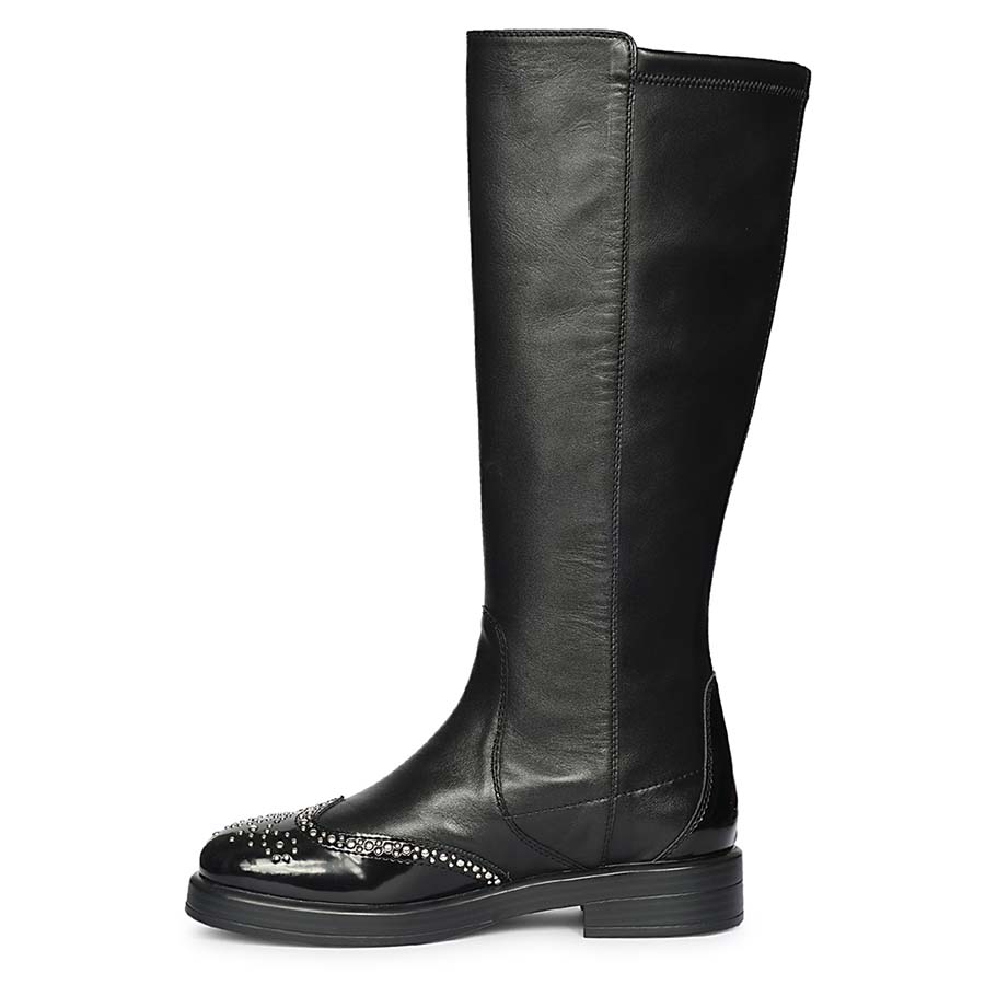 Saint Marcelline black leather knee high boots, alternate side view of studded toe