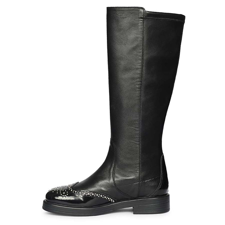 Saint Marcelline black leather knee high boots, alternate side view of studded toe