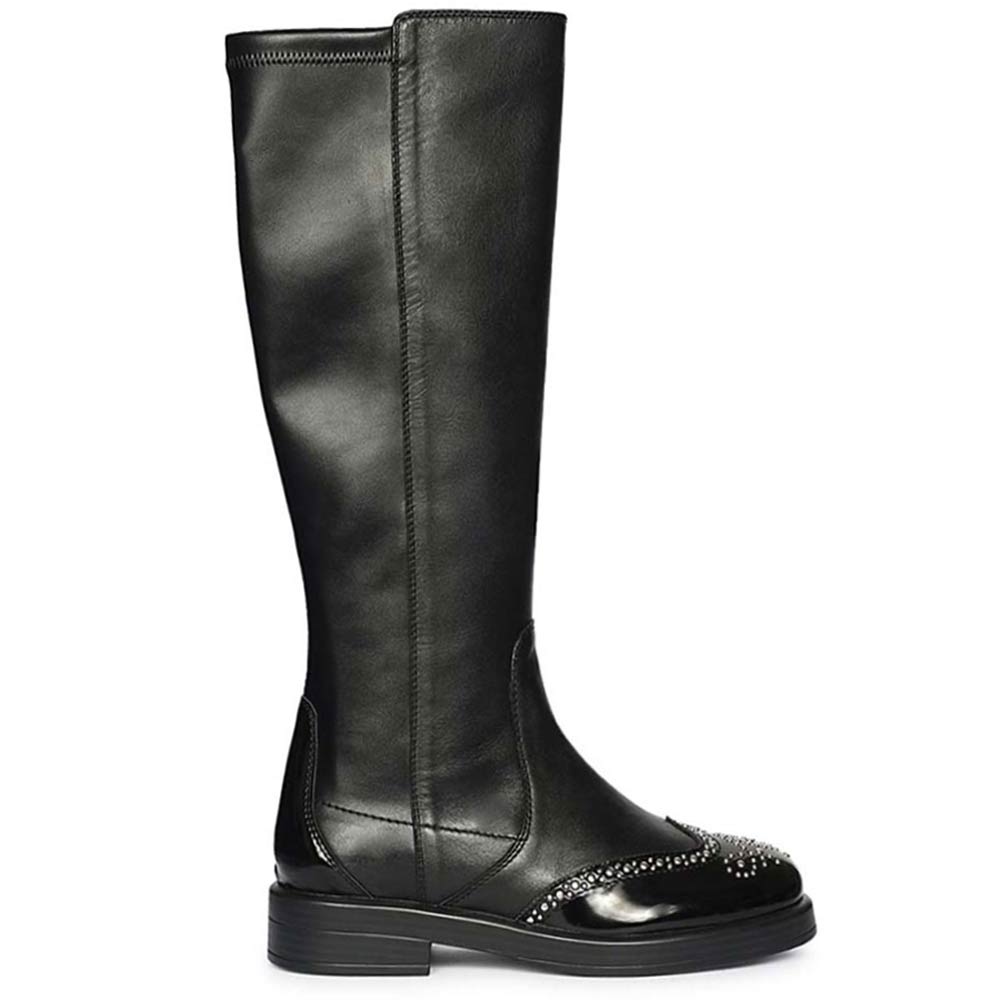 Saint Marcelline studded black leather knee high boots for women, side view of patent toe cap