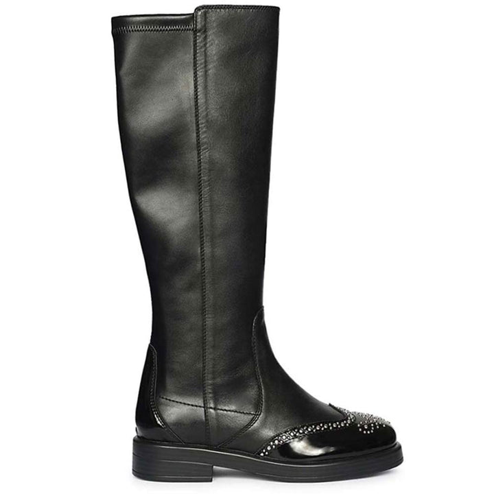 Saint Marcelline studded black leather knee high boots for women, side view of patent toe cap