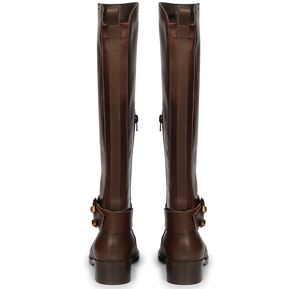Women's brown leather knee high boots, back pair view showing gold buckle straps