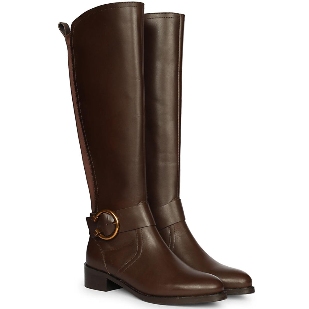 Brown leather knee high boots for women UK, pair view showing gold ring buckle