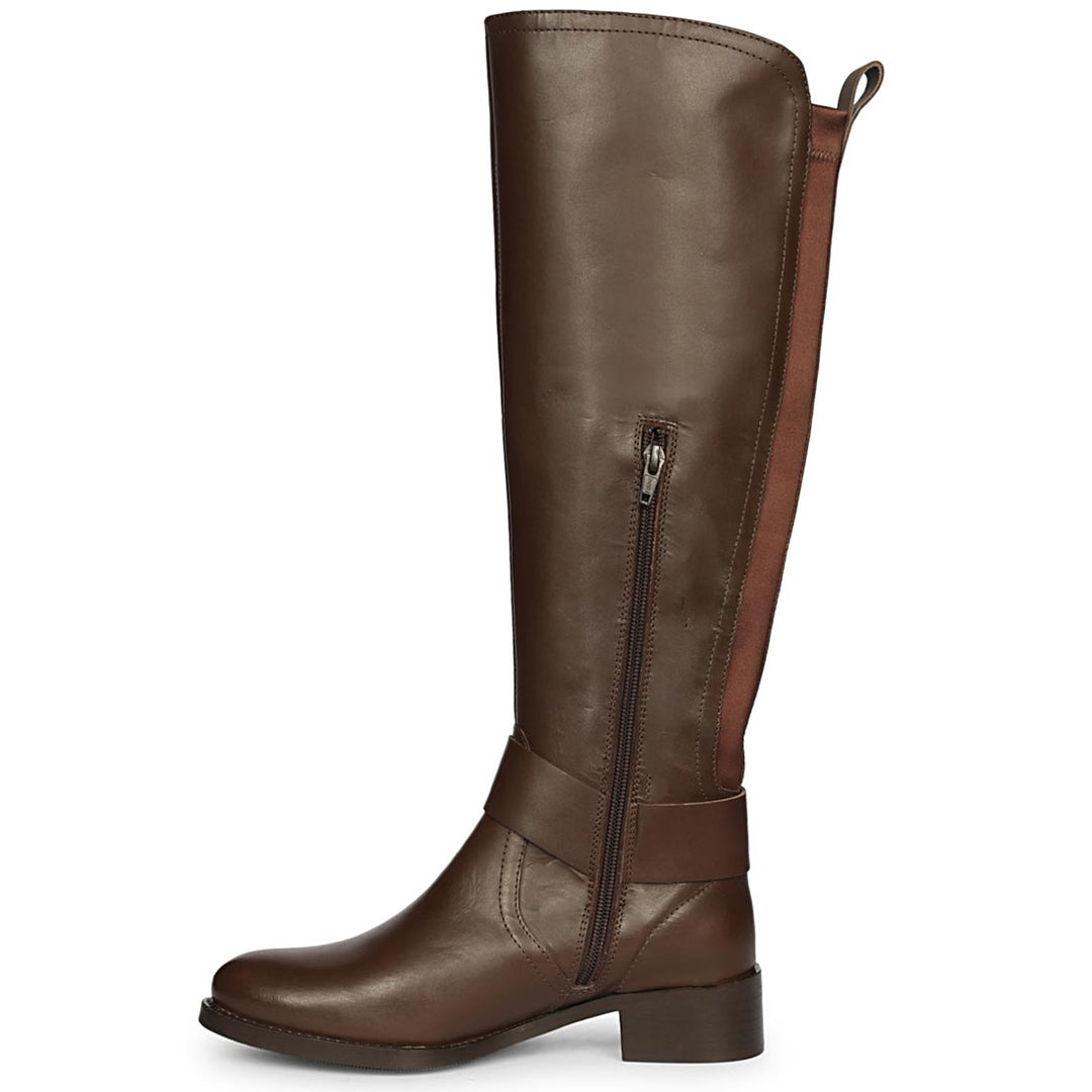Saint Marisa brown knee high boots, side view showing zip closure and buckle strap