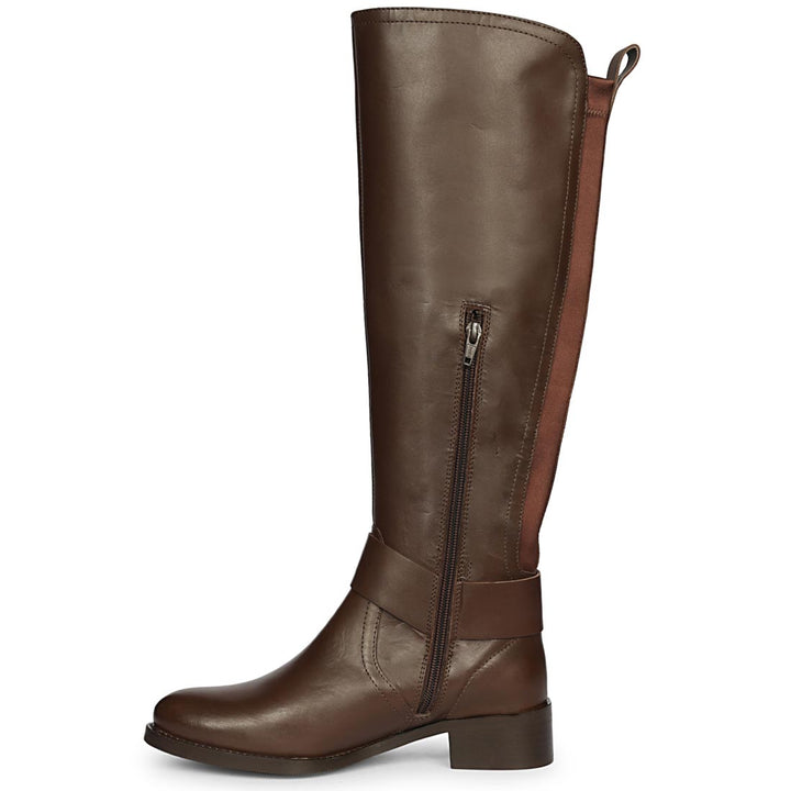 Saint Marisa brown knee high boots, side view showing zip closure and buckle strap
