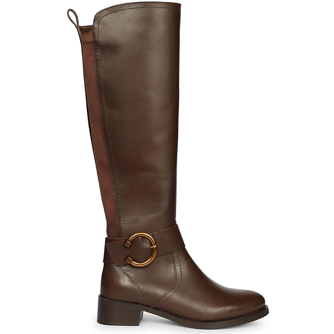Saint Marisa gold buckle brown leather knee high boots for women, side view of decorative ring buckle