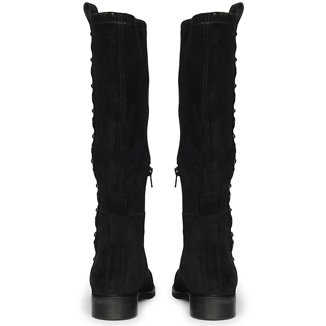 Saint Marlowe black suede long boots for women, back pair view showing zip closure