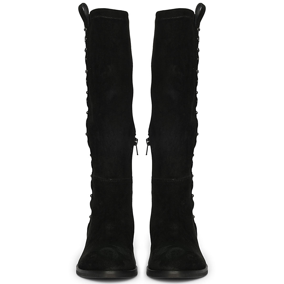 Women's Saint Marlowe black suede long boots, front pair view of eyelet trim