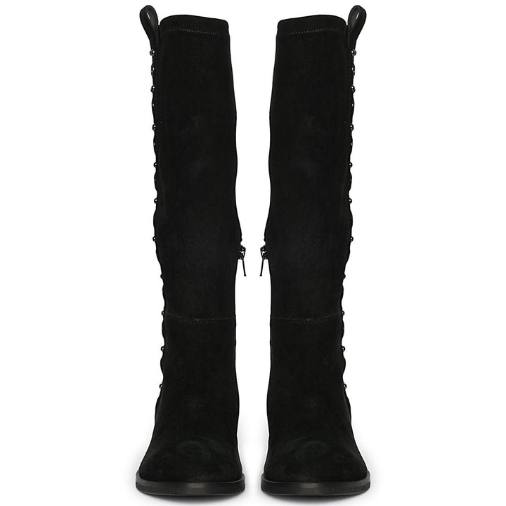Women's Saint Marlowe black suede long boots, front pair view of eyelet trim