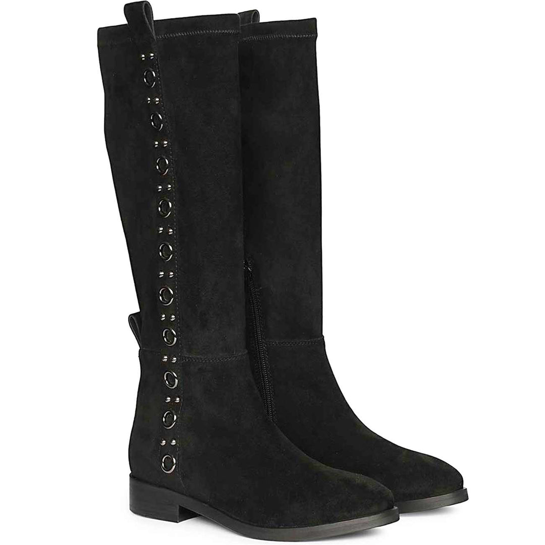 Saint Marlowe black suede long boots for women UK, pair view showing eyelet trim